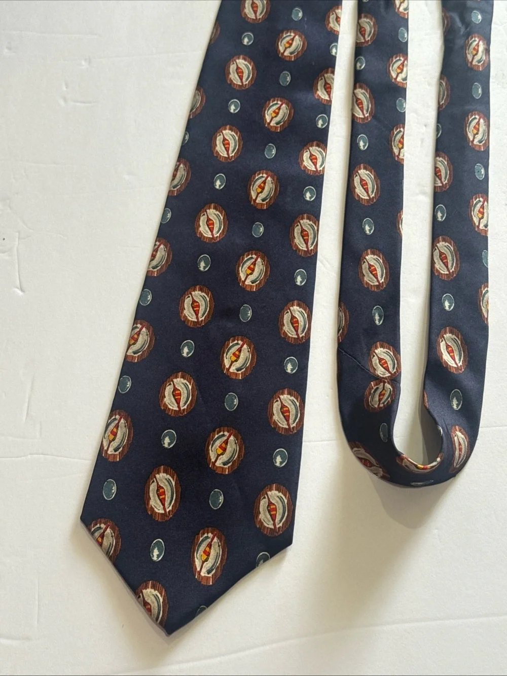 Chaps Ralph Lauren Navy Tie with Red and Gold Medallion Pattern - Picture 2 of 4